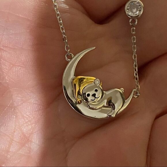 Two- Tone Sterling Silver Sleepy Time Bear On Moon Necklace - Picture 3 of 4